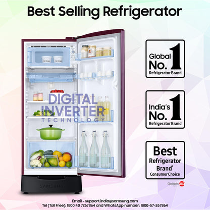 Samsung 183 L, 4 Star, Digital Inverter, Direct-Cool Single Door Refrigerator (RR20C1824CR/HL, Red, Camellia Purple, Base Stand Drawer) 