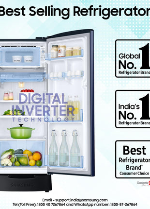 Samsung 183 L, 4 Star, Digital Inverter, Direct-Cool Single Door Refrigerator (RR20C1824HV/HL, Himalaya poppy Blue, Base Stand Drawer) 
