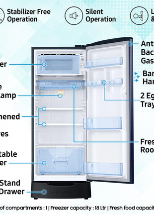 Samsung 183 L, 4 Star, Digital Inverter, Direct-Cool Single Door Refrigerator (RR20C1824HV/HL, Himalaya poppy Blue, Base Stand Drawer) 