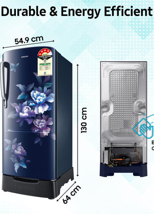 Samsung 183 L, 4 Star, Digital Inverter, Direct-Cool Single Door Refrigerator (RR20C1824HV/HL, Himalaya poppy Blue, Base Stand Drawer) 
