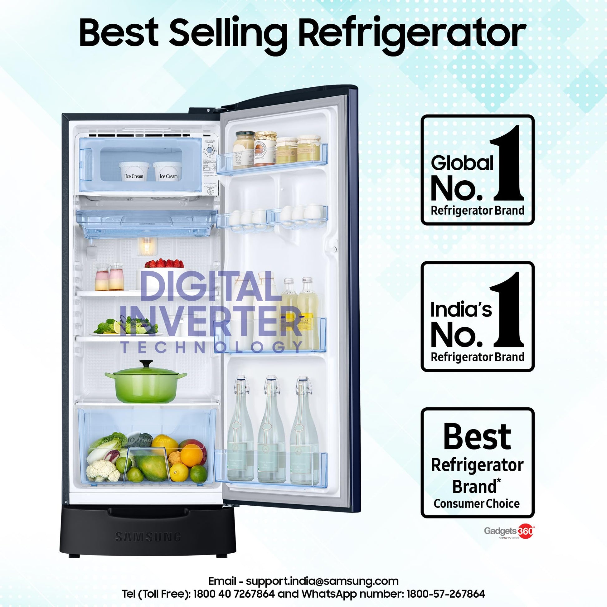 Samsung 183 L, 4 Star, Digital Inverter, Direct-Cool Single Door Refrigerator (RR20C1824HV/HL, Himalaya poppy Blue, Base Stand Drawer) 