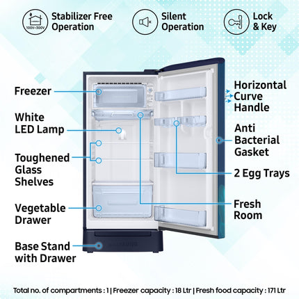 Samsung 189 L, 5 Star, Digital Inverter, Direct-Cool Single Door Refrigerator (RR21D2H259U/HL, Paradise Bloom Blue, Base Stand Drawer) 