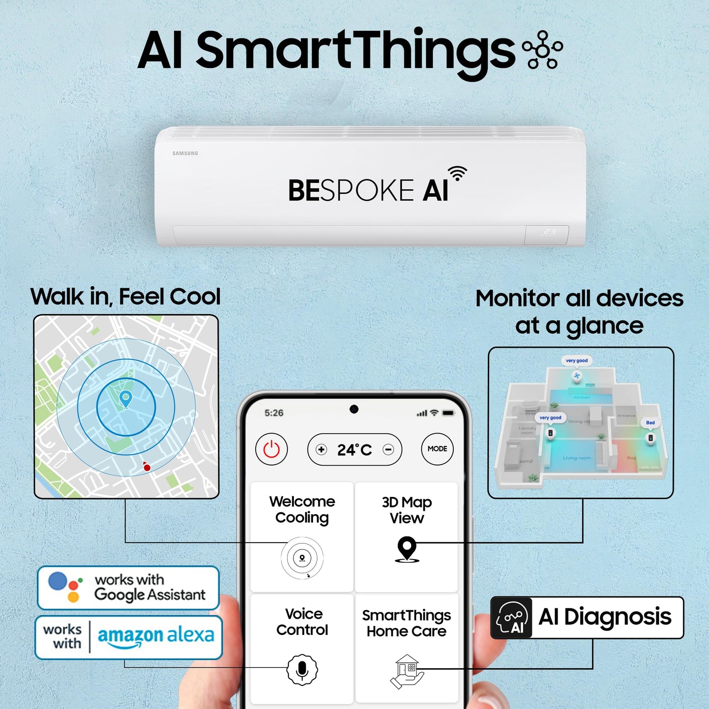 Samsung 2 Ton 3 Star AI Inverter Smart Split AC (BESPOKE AI, Energy Saving, Wi-Fi, Voice Control, Powerful Cooling, 100% Copper, 4 Way swing, Convertible 5in1, 2025 Model AR50F24D1XHNNA, White) 