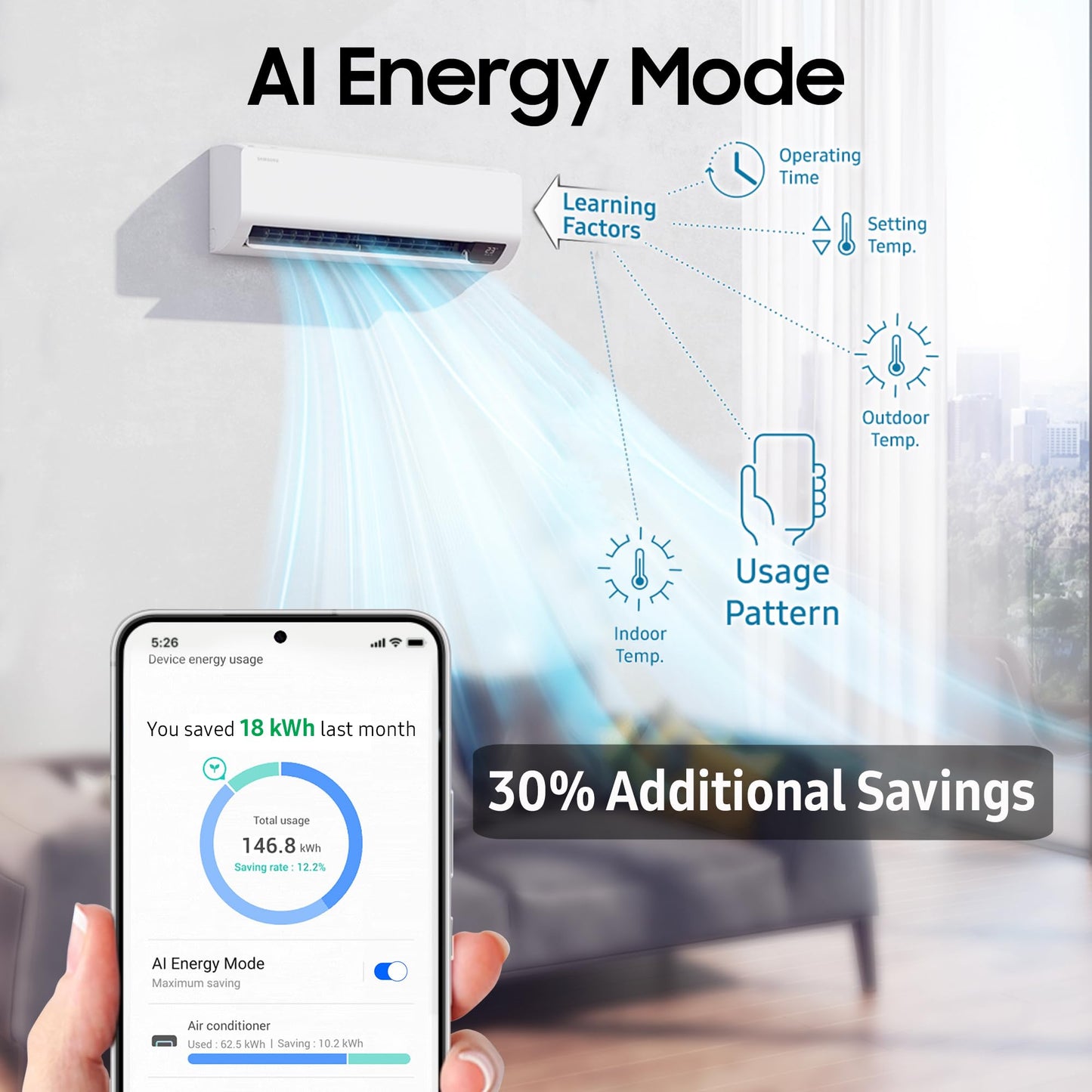 Samsung 2 Ton 3 Star AI Inverter Smart Split AC (BESPOKE AI, Energy Saving, Wi-Fi, Voice Control, Powerful Cooling, 100% Copper, 4 Way swing, Convertible 5in1, 2025 Model AR50F24D1XHNNA, White) 