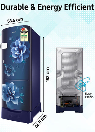 Samsung 223 L, 3 Star, Digital Inverter, Direct-Cool Single Door Refrigerator (RR24D2Z23CU/NL, Camellia Blue, Base Stand Drawer) 