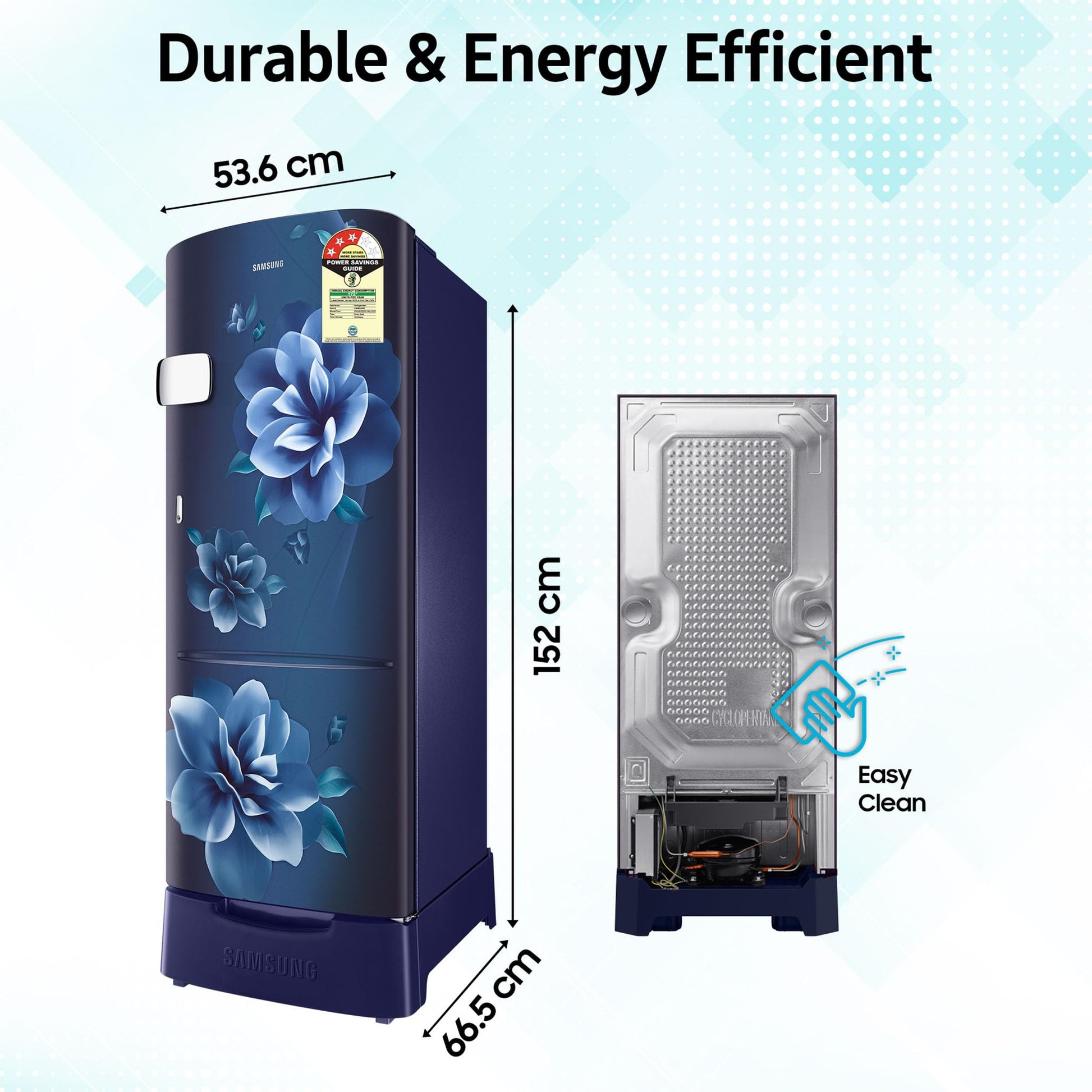 Samsung 223 L, 3 Star, Digital Inverter, Direct-Cool Single Door Refrigerator (RR24D2Z23CU/NL, Camellia Blue, Base Stand Drawer) 