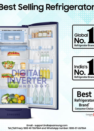 Samsung 223 L, 3 Star, Digital Inverter, Direct-Cool Single Door Refrigerator (RR24D2Z23CU/NL, Camellia Blue, Base Stand Drawer) 