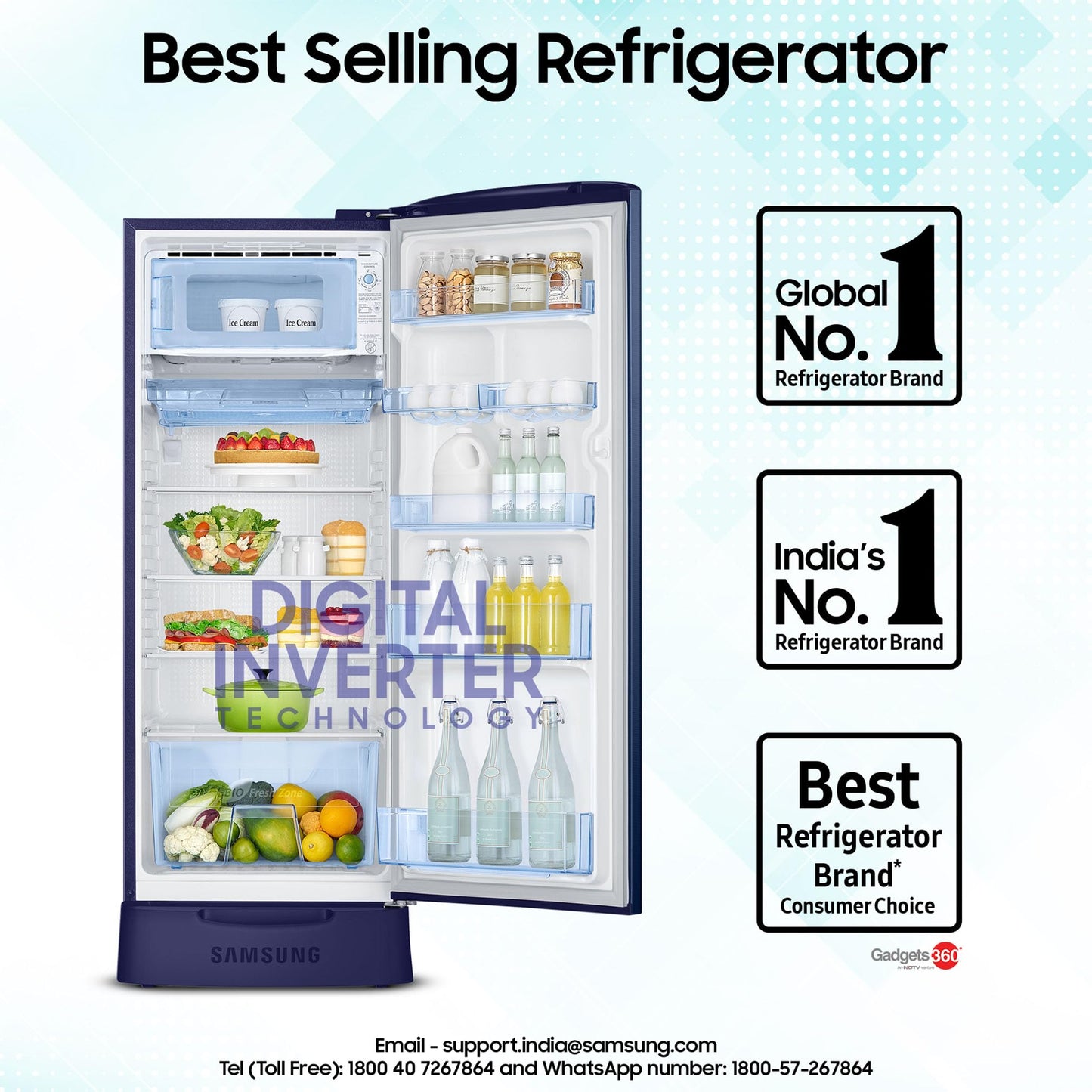 Samsung 223 L, 3 Star, Digital Inverter, Direct-Cool Single Door Refrigerator (RR24D2Z23CU/NL, Camellia Blue, Base Stand Drawer) 