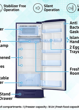 Samsung 223 L, 3 Star, Digital Inverter, Direct-Cool Single Door Refrigerator (RR24D2Z23CU/NL, Camellia Blue, Base Stand Drawer) 