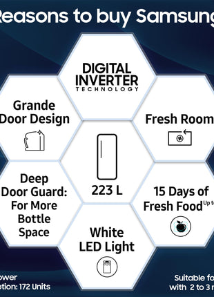 Samsung 223 L, 3 Star Inverter Direct-Cool Single Door Refrigerator (RR24C2723S8/NL, Silver, Elegant Inox) 