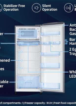 Samsung 223 L, 3 Star Inverter Direct-Cool Single Door Refrigerator (RR24C2723S8/NL, Silver, Elegant Inox) 