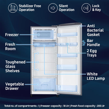 Samsung 223 L, 3 Star Inverter Direct-Cool Single Door Refrigerator (RR24C2723S8/NL, Silver, Elegant Inox) 