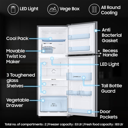 Samsung 236 L, 2 Star, Digital Inverter, Frost Free Double Door Refrigerator (RT28C3032GS/HL, Gray Silver) 