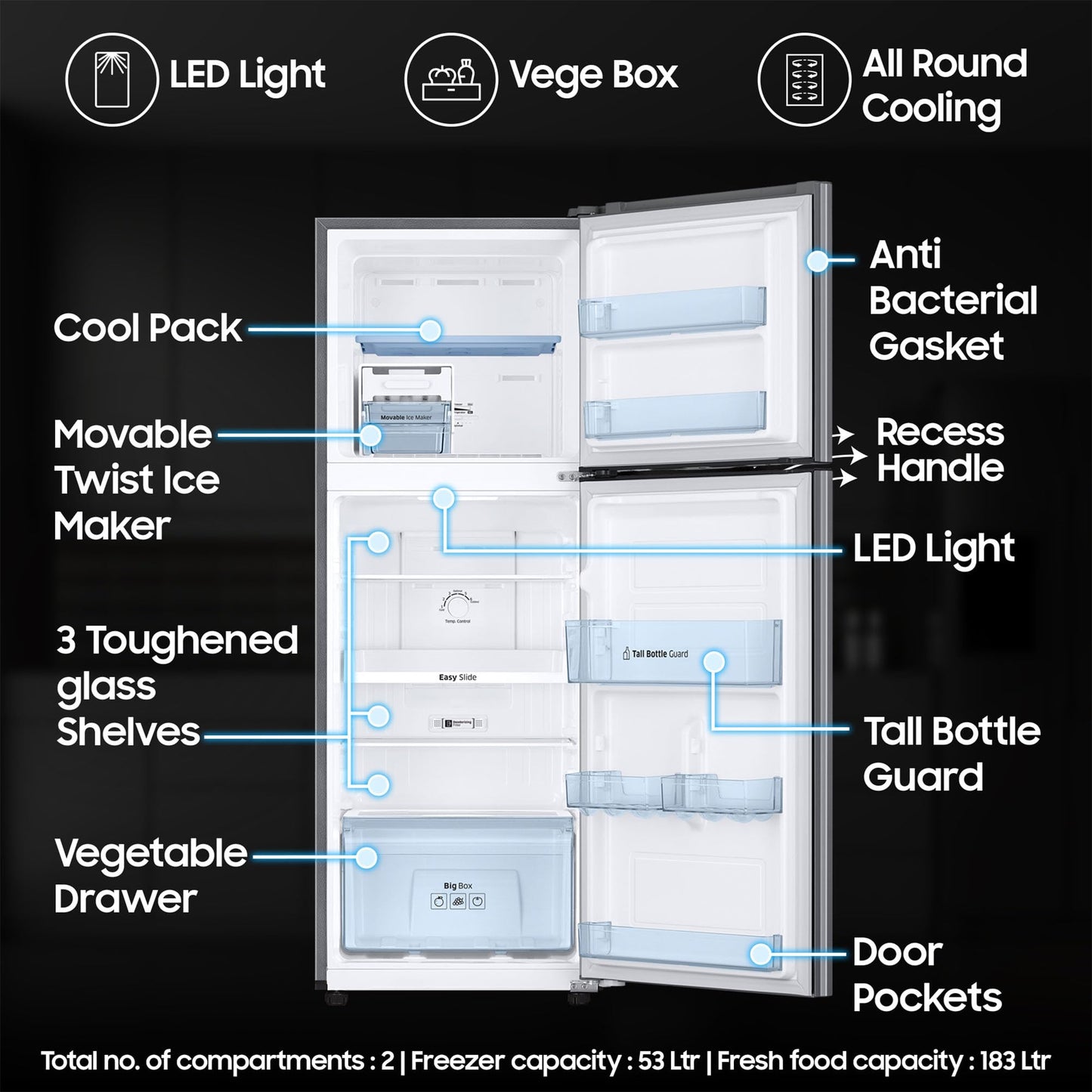 Samsung 236 L, 2 Star, Digital Inverter, Frost Free Double Door Refrigerator (RT28C3032GS/HL, Gray Silver) 