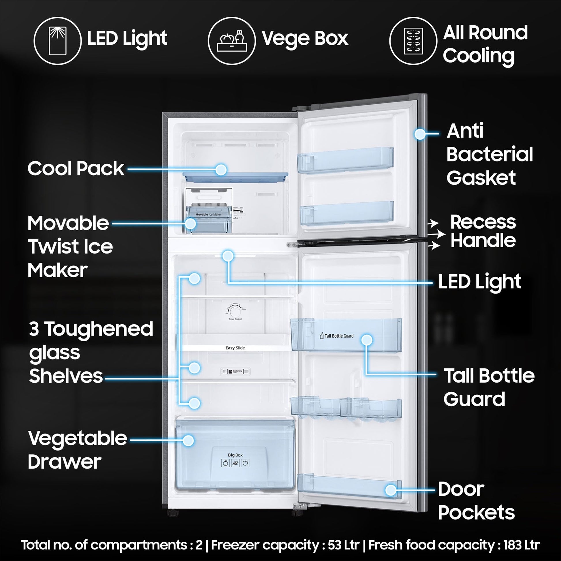 Samsung 236 L, 2 Star, Digital Inverter, Frost Free Double Door Refrigerator (RT28C3032GS/HL, Gray Silver) 