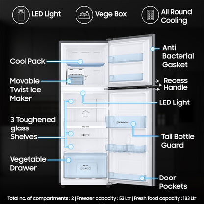 Samsung 236 L, 2 Star, Digital Inverter, Frost Free Double Door Refrigerator (RT28C3032GS/HL, Gray Silver) 