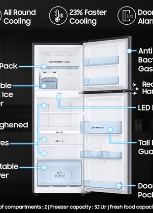 Samsung 236 L, 3 Star, Convertible, Digital Inverter with Display Frost Free Double Door Refrigerator (RT28C3733B1/HL, Black Matt) 