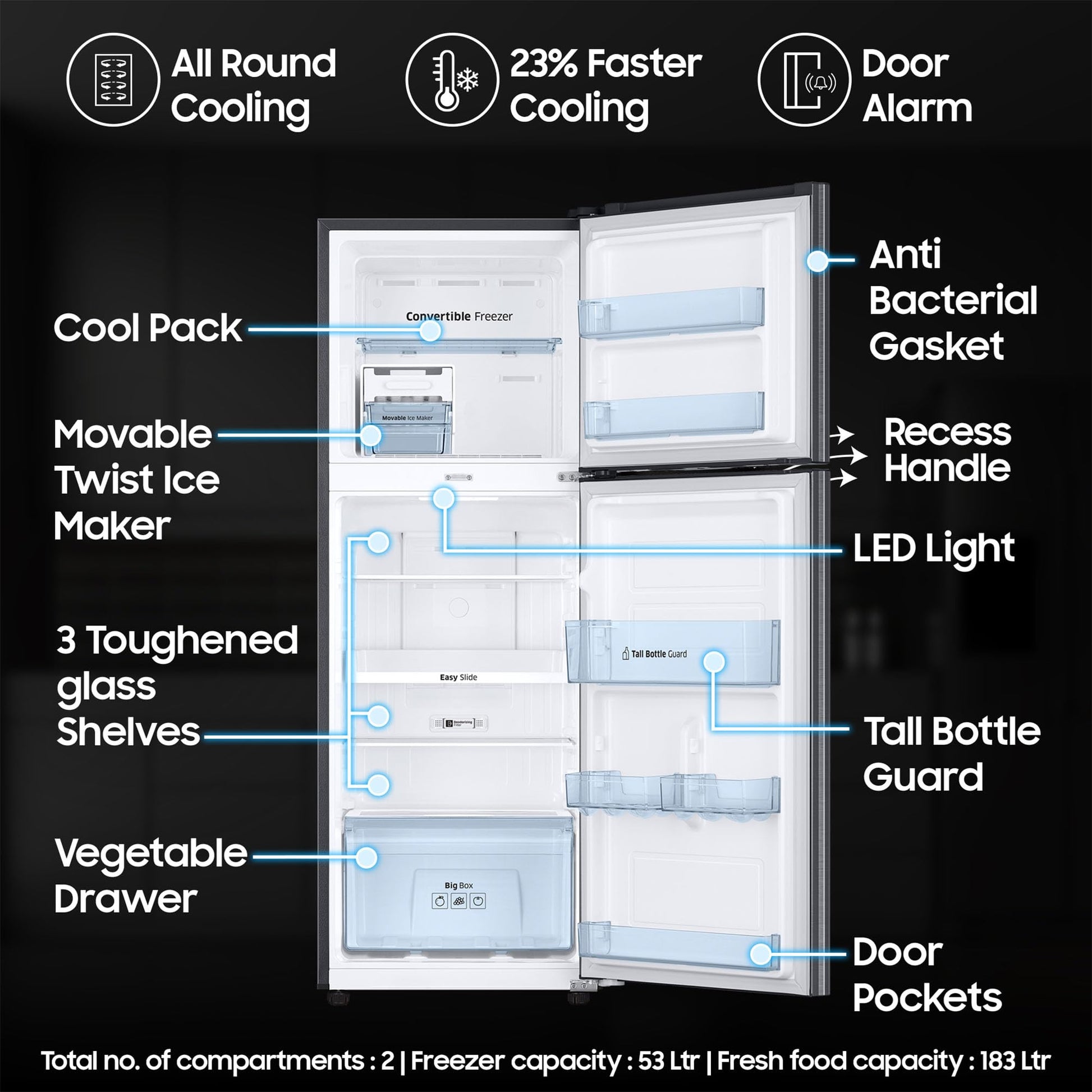 Samsung 236 L, 3 Star, Convertible, Digital Inverter with Display Frost Free Double Door Refrigerator (RT28C3733S8/HL, Silver, Elegant Inox) 