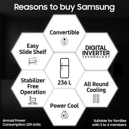 Samsung 236 L, 3 Star, Convertible, Digital Inverter with Display Frost Free Double Door Refrigerator (RT28C3733S8/HL, Silver, Elegant Inox) 