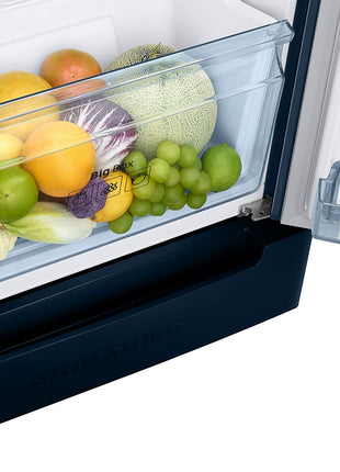 Samsung 236L 2 Star Inverter Frost-Free Double Door Refrigerator Appliance (RT28C3122CU/HL,Camellia Blue), Base Stand Drawer 