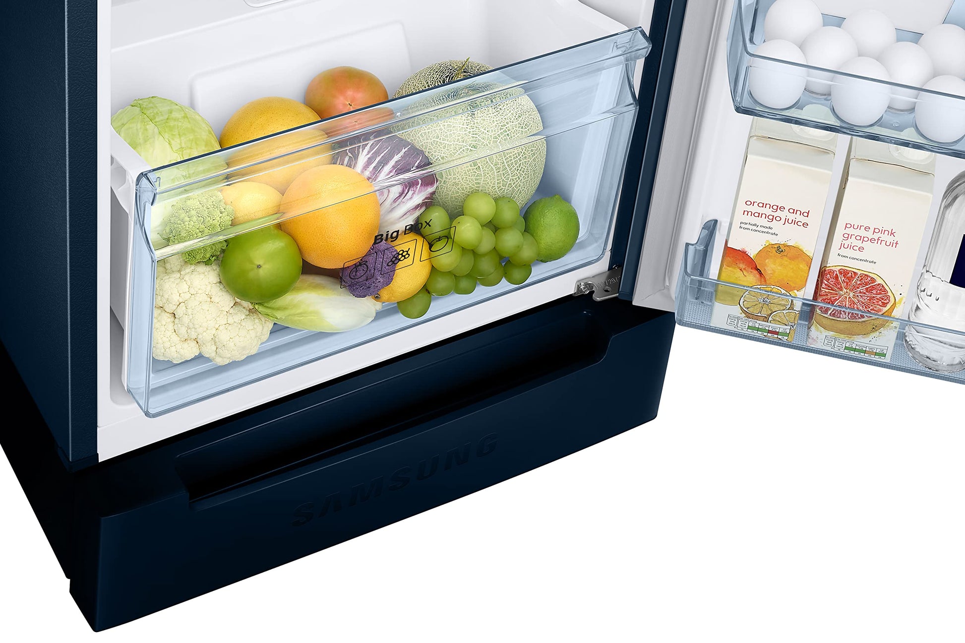 Samsung 236L 2 Star Inverter Frost-Free Double Door Refrigerator Appliance (RT28C3122CU/HL,Camellia Blue), Base Stand Drawer 