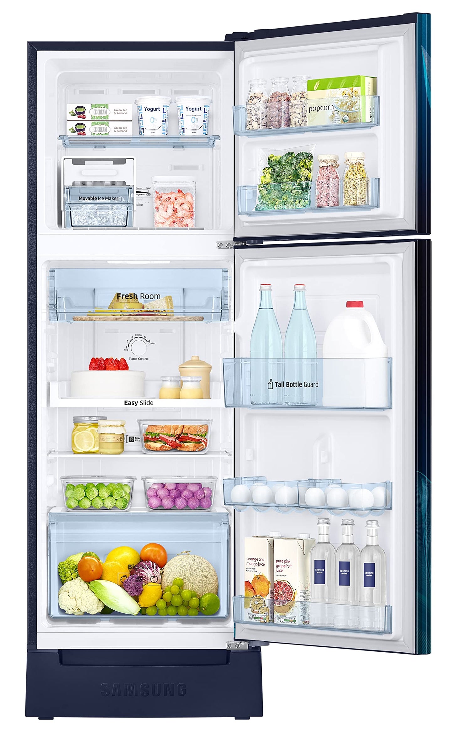 Samsung 236L 2 Star Inverter Frost-Free Double Door Refrigerator Appliance (RT28C31429U/HL,Paradise Bloom Blue), Base Stand Drawer 