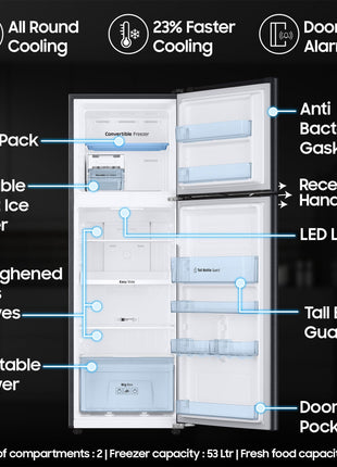 Samsung 256 L, 3 Star, Convertible, Digital Inverter with Display Frost Free Double Door Refrigerator (RT30C3733BX/HL, Luxe Black) 