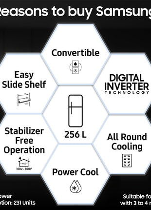 Samsung 256 L, 3 Star, Convertible, Digital Inverter with Display Frost Free Double Door Refrigerator (RT30C3733BX/HL, Luxe Black) 