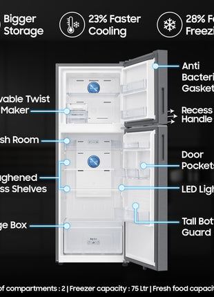 Samsung 330 L, 2 Star, Convertible 5-in-1, Digital Inverter, Frost Free Double Door, WiFi Enabled Bespoke AI Refrigerator (RT34DG5A2BSLHL, Real Steel, Silver) 