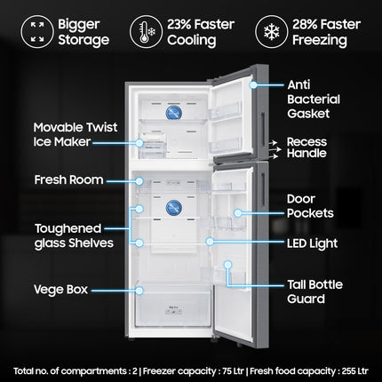 Samsung 330 L, 2 Star, Convertible 5-in-1, Digital Inverter, Frost Free Double Door, WiFi Enabled Bespoke AI Refrigerator (RT34DG5A2BSLHL, Real Steel, Silver) 