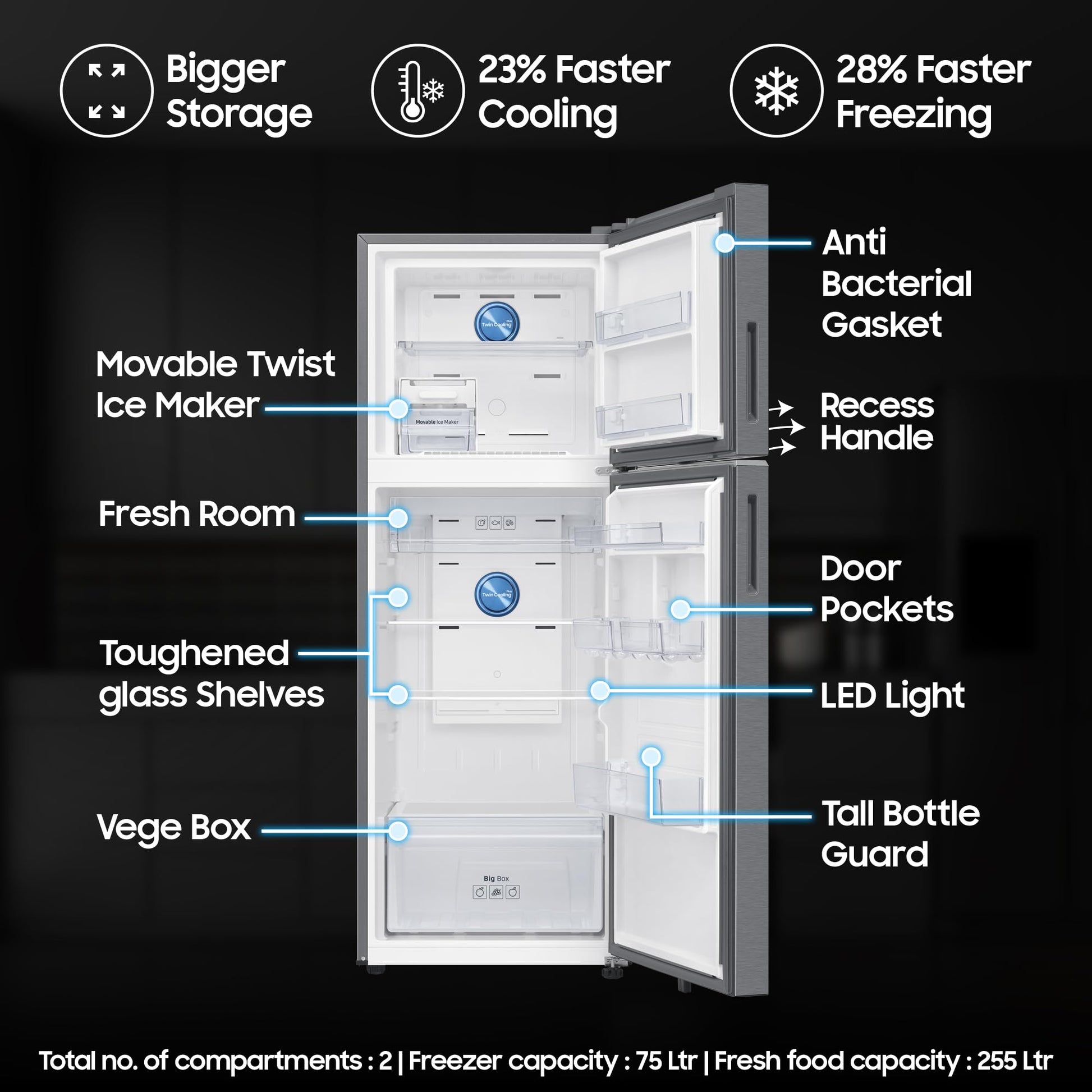 Samsung 330 L, 2 Star, Convertible 5-in-1, Digital Inverter, Frost Free Double Door, WiFi Enabled Bespoke AI Refrigerator (RT34DG5A2BSLHL, Real Steel, Silver) 