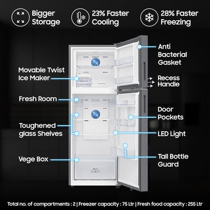 Samsung 330 L, 2 Star, Convertible 5-in-1, Digital Inverter, Frost Free Double Door, WiFi Enabled Bespoke AI Refrigerator (RT34DG5A2BSLHL, Real Steel, Silver) 