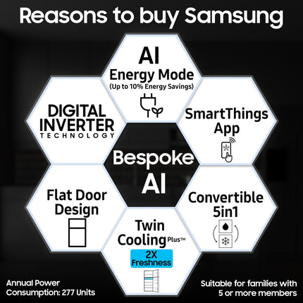 Samsung 330 L, 2 Star, Convertible 5-in-1, Digital Inverter, Frost Free Double Door, WiFi Enabled Bespoke AI Refrigerator (RT34DG5A2BSLHL, Real Steel, Silver) 