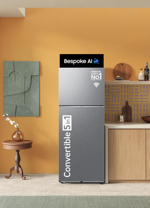 Samsung 350 L, 3 Star, Convertible 5-in-1, Digital Inverter, Frost Free Double Door, WiFi Enabled Bespoke AI Refrigerator (RT38DG5A4DS8HL, Elegant Inox, Silver) 