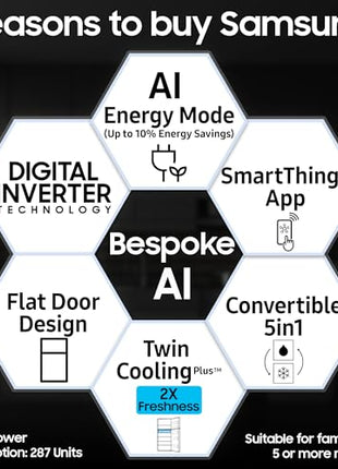 Samsung 396 L, 2 Star, Convertible 5-in-1, Digital Inverter, Frost Free Double Door, Bespoke AI WiFi Enabled Refrigerator (RT41DG6A2BSLHL, Silver, Real Steel) 