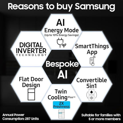 Samsung 396 L Frost Free Double Door Refrigerator 2 Star Convertible 5-in-1 Digital Inverter Bespoke AI WiFi Enabled (RT41DG6A2BS8, Silver, Real Steel, 2025 Model) 