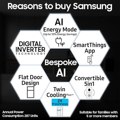 Samsung 396 L Frost Free Double Door Refrigerator 2 Star Convertible 5-in-1 Digital Inverter Bespoke AI WiFi Enabled (RT41DG6A2BS8, Silver, Real Steel, 2025 Model) 