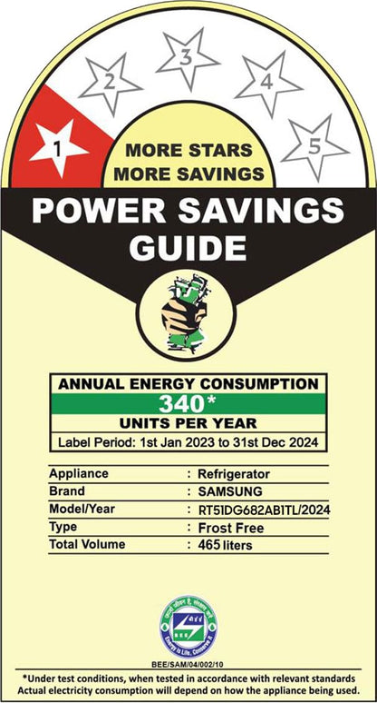 Samsung 465 L, 1 Star, Optimal Fresh+, Digital Inverter, Frost Free Double Door AI Enabled Smart Refrigerator with WiFi (RT51DG682AB1TL, Black Matt) 