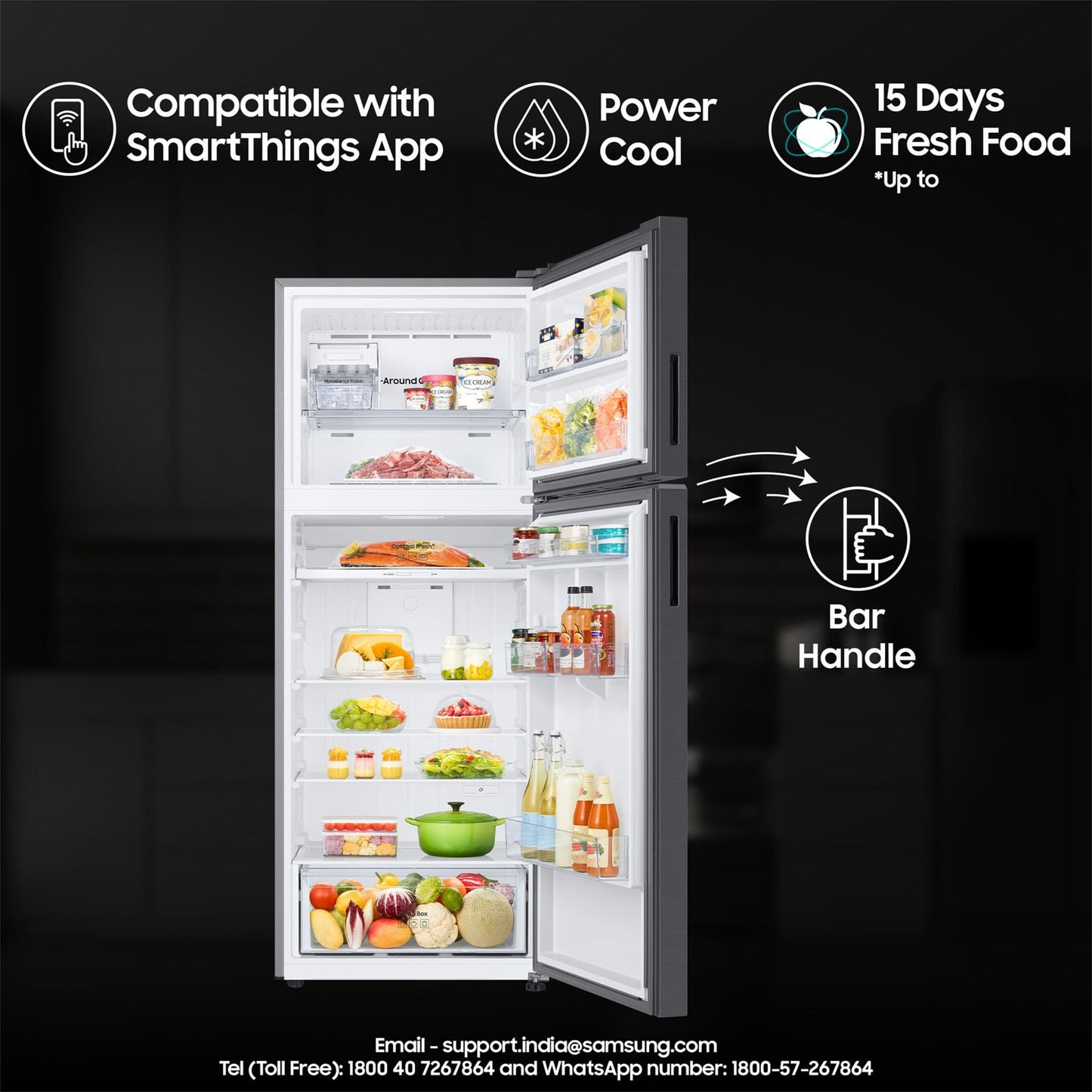 Samsung 465 L, 1 Star, Optimal Fresh+, Digital Inverter, Frost Free Double Door AI Enabled Smart Refrigerator with WiFi (RT51DG682AB1TL, Black Matt) 