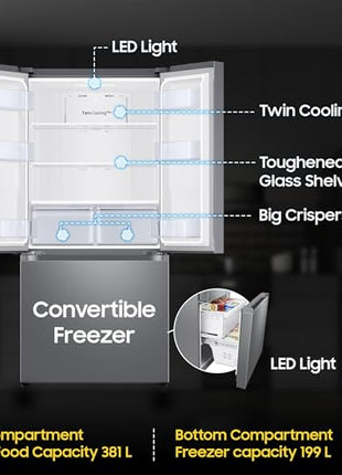 Samsung 550 L, Convertible, Digital Inverter, Frost Free French Door Refrigerator (RF57A5032S9/TL, Silver, Refined Inox) 