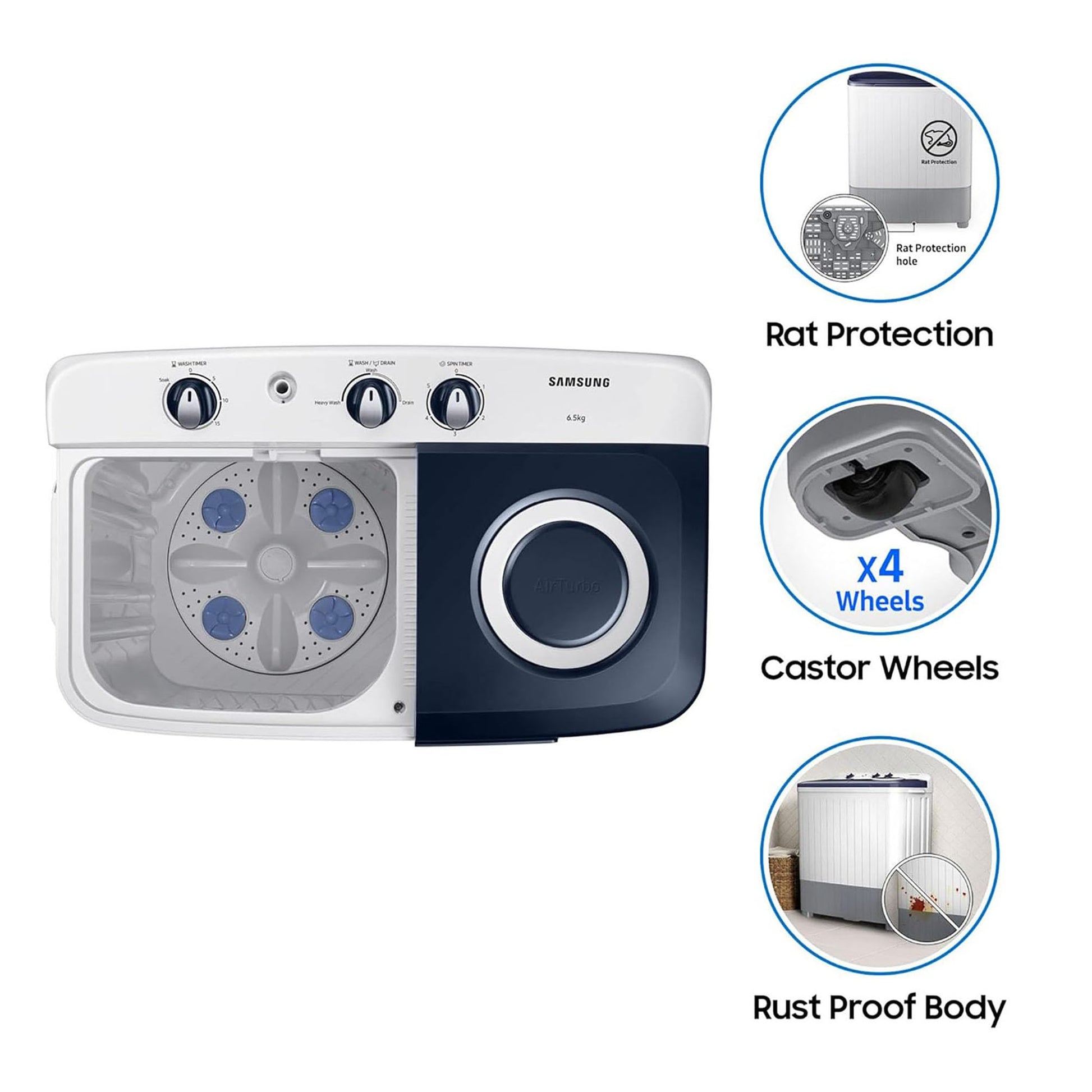 Samsung 6.5 kg, 5 star, Semi-Automatic Top Load Washing Machine (WT65R2200LL/TL, Air Turbo Drying, LIGHT GRAY) 