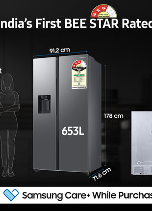 Samsung 633 L, 3 Star, Frost Free, Double Door, Convertible 5-in-1 Digital Inverter, Side By Side Refrigerator with AI, WiFi & Water & Ice Dispenser (RS78CG8543S9HL, Silver, Refined Inox) 