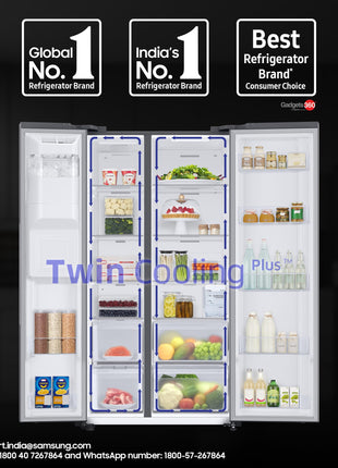Samsung 633 L, 3 Star, Frost Free, Double Door, Convertible 5-in-1 Digital Inverter, Side By Side Refrigerator with AI, WiFi & Water & Ice Dispenser (RS78CG8543S9HL, Silver, Refined Inox) 