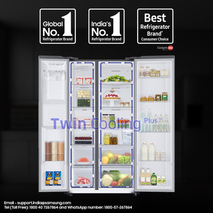 Samsung 633 L, 3 Star, Frost Free, Double Door, Convertible 5-in-1 Digital Inverter, Side By Side Refrigerator with AI, WiFi & Water & Ice Dispenser (RS78CG8543S9HL, Silver, Refined Inox) 