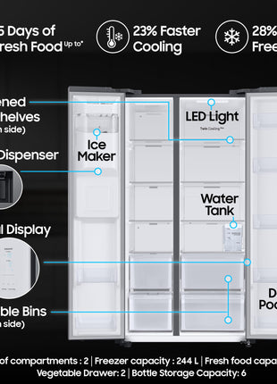 Samsung 633 L, 3 Star, Frost Free, Double Door, Convertible 5-in-1 Digital Inverter, Side By Side Refrigerator with AI, WiFi & Water & Ice Dispenser (RS78CG8543S9HL, Silver, Refined Inox) 