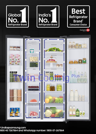 Samsung 653 L, 3 Star, Frost Free, Double Door, Convertible 5-in-1 Digital Inverter, Side By Side AI Enabled Smart Refrigerator with WiFi (RS76CG8003B1HL, Black Matte/Black DOI) 