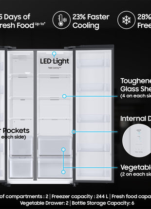 Samsung 653 L, 3 Star, Frost Free, Double Door, Convertible 5-in-1 Digital Inverter, Side By Side AI Enabled Smart Refrigerator with WiFi (RS76CG8003B1HL, Black Matte/Black DOI) 