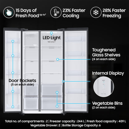Samsung 653 L, 3 Star, Frost Free, Double Door, Convertible 5-in-1 Digital Inverter, Side By Side AI Enabled Smart Refrigerator with WiFi (RS76CG8003B1HL, Black Matte/Black DOI) 