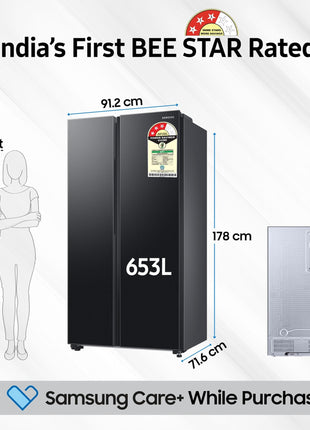 Samsung 653 L, 3 Star, Frost Free, Double Door, Convertible 5-in-1 Digital Inverter, Side By Side AI Enabled Smart Refrigerator with WiFi (RS76CG8003B1HL, Black Matte/Black DOI) 
