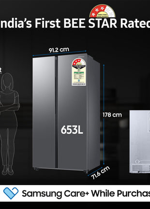 Samsung 653 L, 3 Star, Frost Free, Double Door, Convertible 5-in-1 Digital Inverter, Side By Side AI Enabled Smart Refrigerator with WiFi (RS76CG8003S9HL, Silver, Refined Inox, 2025 Model) 